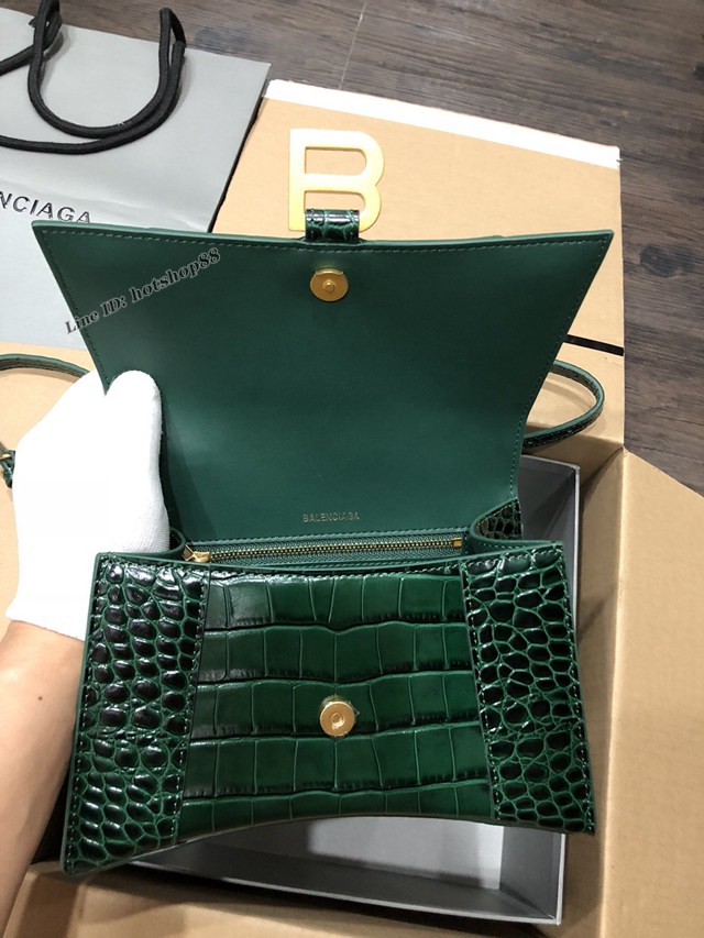 Balenciaga專櫃爆款大號手提女包 巴黎世家升級版鱷魚墨綠色金扣Hourglass沙漏包 fyj1630